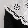 Femmes doux blanc broderie feuille de Lotus grand revers noir pull femme Simple simple boutonnage haut à manches longues 210520