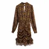 Women Vintage Summer Sexy Dress Pleated Long Sleeve Buttons Snake print Halter Female Elegant Fashion Street Vestidos 210513