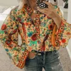 JOCOO JOLEE Zarif Lady Gömlek Rahat Uzun Kollu V Boyun Vintage Çiçek Baskı Gevşek Bluz Kadın Yaz Plaj Holioday Tops 210518