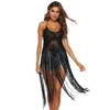 Long Fringe Tassel Cover Up Sexy Beach Dress Vestido Crochet Swimsuithwear Moman Women Pareo Bikini Sarong Cobert Ups 210319