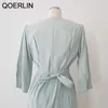 Fajas volantes trompeta mujeres chic azul elegante botones de un solo pecho con cuello en v espalda cremallera vestido dividido damas sirena 210601