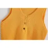 Kobiety słodkie przyciski mody żebrowane dzianiny topy vintage żeński żółty v neck bez rękawów krótki sweter topy 210520