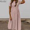 Women Elegant Ruffles DrSummer SundrCasual Short Sleeve Solid Party Vestido ZANZEA Vintage Kaftan Dresses Femme Robe X0529