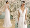 Hochzeitskleid 2022 Brautkleid V-Ausschnitt Sweep Zug Chiffon schiere Spitze Kurzarm Perlen lässig Vintage durchsichtig Übergröße Vestido De Noiva Robe Mariage