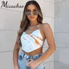 Missakso Satin Tie Dye Stampa Crop Top Estate Donna Sexy Y2K Spaghetti Strap Off Spalla Backless Canotte Party 210625