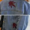 Women Blue Denim Jacket Pocket Long Sleeves Jean Turn Down Collar Loose Maple Leaf Embroidery C0308 210514