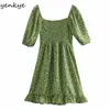 Зеленое цветочное платье для печати Женщины сексуальные квадратные шеи слойки рукав A-Line короткие женские праздники летние Vestido 210514