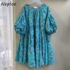 Coreano Imprimir Vestido Vintage Mulheres Cintura Alta Cintura Hip Uma Linha Joelho Comprimento Vestidos O Pescoço Lanterna Manga Curta Robe Solto Verão 210422