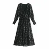 Noir Floral Imprimé Plumetis Tulle Robe Midi Femmes Vintage Col En V À Manches Longues Voir À Travers Femme Taille Élastique 210519