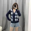 Women Cardigan Vintage Sweet Short Knitted Sweater Geometric Pattern Long Sleeve England Style Female Outerwear Chic Tops 210521