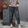 Primavera Corea Moda Donna Elastico in vita Jeans strappati vintage Pantaloni Harem in denim scozzese patchwork casual tutto abbinato S718 210512