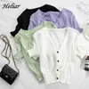 Heliar Kvinnor Stickade T-shirts V-Neck Button Up Tees Kortärmad Casual Crop Tops för Kvinnor 2021 Sommar T-shirts Y0629