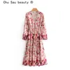 Beauté Mode Boho Style Triangle Imprimer Robe Midi Femmes Vacances Chic Simple Poitrine Col V Profond Robes Femme 210514