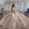 2021 Sexy Luxury Champagne Quinceanera Ball Gown Dresses Jewel Neck Lace Appliques Crystal Beads Long Sleeves Sweep Train Tiered Plus Size Party Prom Evening Gowns
