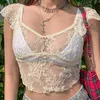 Transparent Squre Collar Mesh Tops Sweet Short Sleeve See Through Floral E-girl Crop Tops Summer Streetwear Fashion 210518