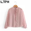 Doce fresco chiffon camisa rosa fina manga longa v-pescoço de lace-up metal corte flores vintage blusas para mulheres verão 210427