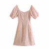 Rosa Polka Dot Party Dress Woman Sexig V-Neck Sommar Mini Puff Sleeve Chic Vestido Mujer 210421