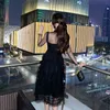 春のファッションセクシーなレースパッチワークメッシュブラックドレス女性長袖フリル階層ケーキMidi Party Dress Vestidos 210519