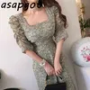 Dresses Chic Korean Gentle Slim Wrap Hip Square Neck Floral Chiffon Dress Women Puff Pleated Sleeve Lace Up Vintage Vestido 210429