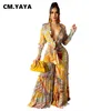 CM.YAYA Autumn Women Set Full Sleeve V-neck Crop Tops Wide Leg Pants Two 2 Piece Sets Street Tracksuit Chiffon Beach Outfits 211105