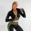 Hot style zipper sports tights seamless long-sleeved quick-drying training running clothes belly button yoga tops