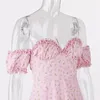 Isaros dam sommar rosa klänning söt blomma tryck av axel prinsessans fest avslappnad semester pläterad slash neck klänning med slits 210422