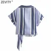 Zevity Women Cross V Neck Pasiast Print Hem Wiązany krótki Slim Smock Bluzka Femme Koszulka z krótkim rękawem Roupas Chic Topy LS9107 210603 \ t