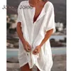 Jocoo jolee femmes lâche rond cou rond solide demi-manches boutons d'été blouse décontractée de base t-shirts plage dame plage plus taille 210619