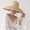 Chapeaux à large bord pur à la main tissage naturel chapeau de paille pour les femmes été grand avant-toit plage japonais Hepburn Style vacances chapeau de soleil Elob22