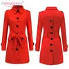 Aelegantmix Women Wool Coat Casual Długi wykop Z Pasem Jesień Zima Outwear Office Lady Slim Płaszcz 210607