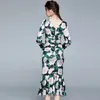 Runway Designer Flower Printed Celebrity Ruched Slanke Bodycon Midi Jurk Lange Mouwen Vierkante Kraag Vintage Retro Jurken 210421