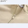 Zevity Women Fashion Zipper Decoration Casual Loose Fleece Sweatshirts Female Basic Pockets Hoodies Chic Pullovers Tops H522 210603