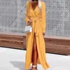 Women Dress V Neck Bohemia Sexy Long Sleeve Lace Up Split Maxi es Fashion Red Beach es Spring Summer 210513