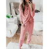 Kadın Pijama V Boyun Uzun Kollu Lace Up Pantolon Katı Lounge Giymek Rahat Kıyafetler Ev Teknikleri 2 adet Set Pijama 210831