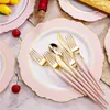 50 Pcs Disposable Tableware Pink Green Plastic Plate With Gold Edge Suitable for High-end Wedding Mother's Day Party Supplies223Z