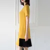 L80554# New Summer Women Fashion Dress Short Sleeve Color Block Front Slit Lady Chiffon Splice Casual Dress With Pockets Yellow M L