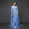 Light Blue Moraccan Caftan Evening Dresses with Embroidery Sweep Train Chiffon Formal Dubai Arabic Prom Gowns