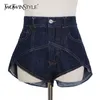 Twotwinstyle oregelbunden smal denim kort för kvinnor hög midja sexig casual shorts kvinnlig mode kläder sommarstil 210724