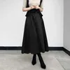 Elegant Women Long Midi Skirt Black Khaki Spring Autumn Ladies Vintage Belt Buttons Pocket Swing Skirts High Waist Femininas 210608