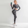 Kobiety Joga Zestaw Bez Szwu Sportowy Garnitur Fitness Dressuit Camo Z Długim Rękawem 2 Sztuka Gym Trening Ubrania do odzieży sportowej 210813