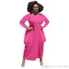 Plus Size L-5XL Women Maxi Dresses Solid Color Round Neck Long Sleeve Irregular Hem Imitation Cotton Pocket Large Dress