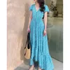 Sommer Strand Stil V-ausschnitt Blau Open Back Sexy Damen Langes Kleid Elegante Robe Korea Lose Moderne Dame Kleider 210510