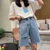 Street Wear High Waist Wide Leg Denim With Hole Jean Summer Korean Style Women Bermuda Shorts