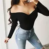 Spring Autumn Solid Color V-Neck Long Sleeve Bodysuit Women Sexy Button Strapless Jumpsuit Casual Black Bodycon Body Top 210514
