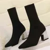 2021 Women Stretch Boots 7cm High Heels Fetish White Sock Ankle Boots Stripper Low Block Heels Warm Plush Autumn Winter Shoes Y1105