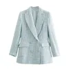 ZA Blue Tweed Blazer Damesmode Turn-Down Kraag Double Breasted Pak Jas Vrouwelijke Office Casual Bovenkleding 211006