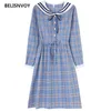 Japanse preppy stijl vrouwen lente herfst jurk zeemans kraag boog blauw plaid baggy lange mouw elegante zoete schattige es 210520