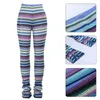 Calças de brim das mulheres Mulheres Altas Cintura Malha Calças Longas Multicolor Striped Hipster Skinny Plissado Calças Empilhadas Crochet Slim Streetwear