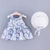 2021 Nouvelle mode bébé fille robes princesse vêtements mignon 2pcs ensemble fête coton fleur enfants chapeau sans manches doux 1-3 ans Q0716