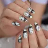 False Nails Flower Glitter Boundary Alse Nail Elegant Medium Almond Press On Classic Acrylic 24pcs Prud22